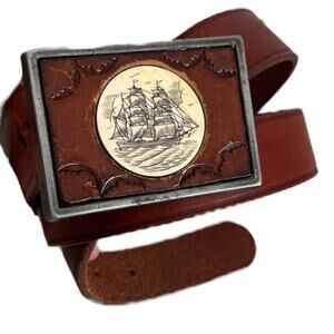 Vintage Scrimshaw Leather and Brass Belt Buckle Sailboat Clipper Ship 36” Belt